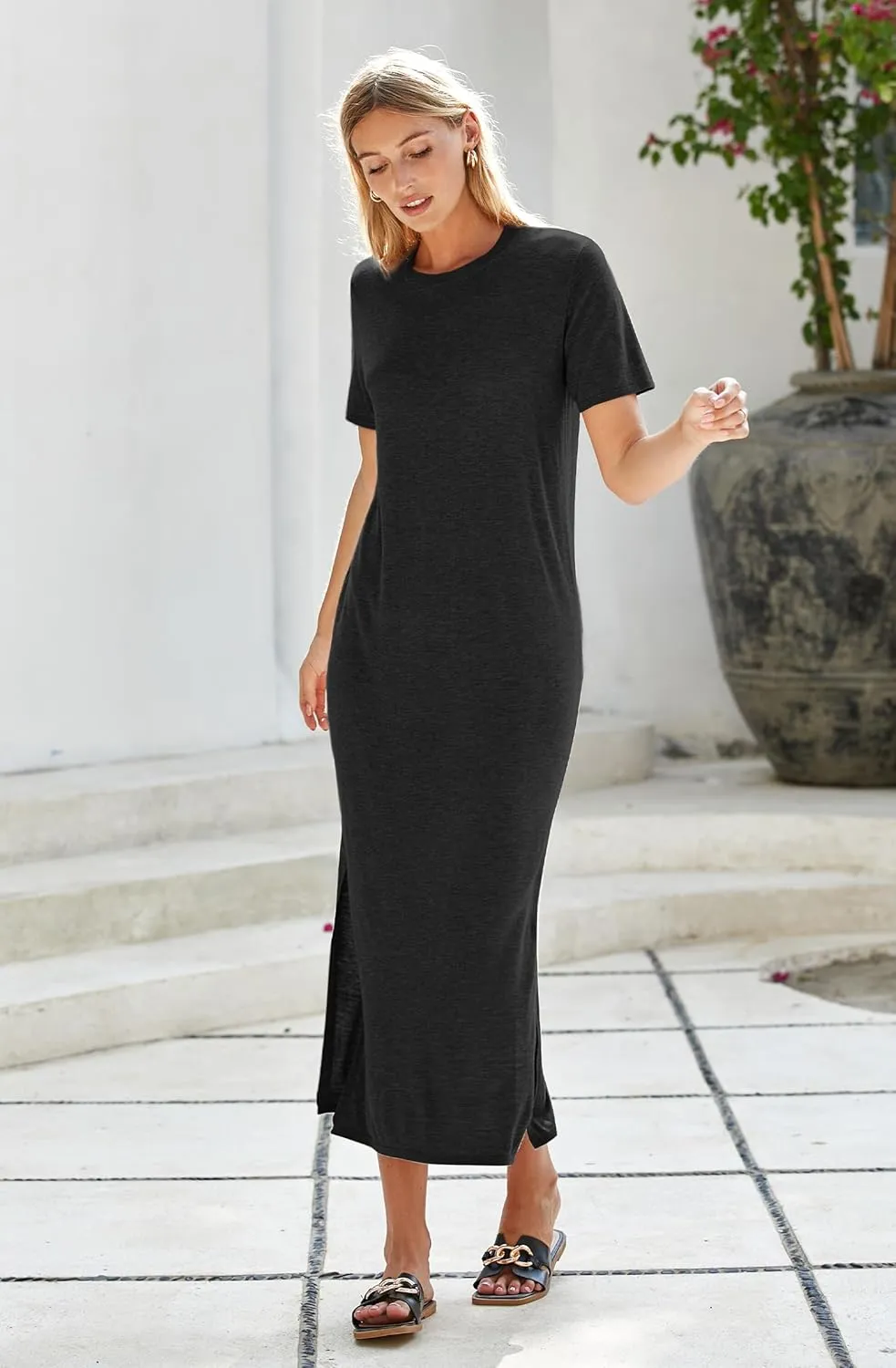 Arach&Cloz Women's Wool Blend Lightweight Summer Casual T Shirts Maxi Dress 2025