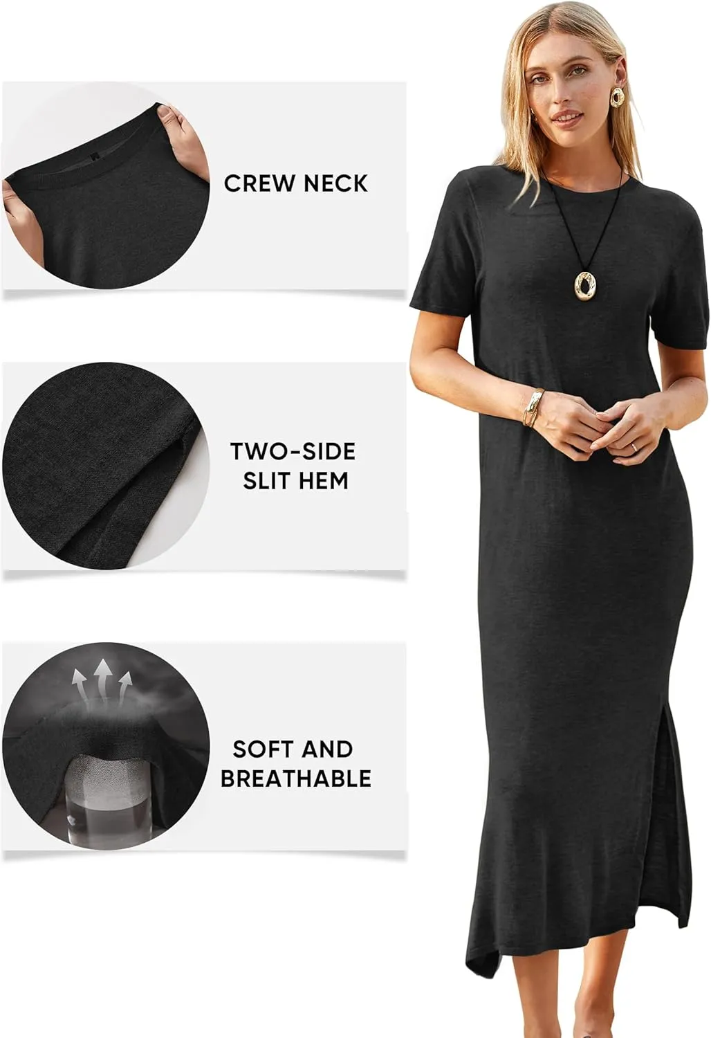 Arach&Cloz Women's Wool Blend Lightweight Summer Casual T Shirts Maxi Dress 2025