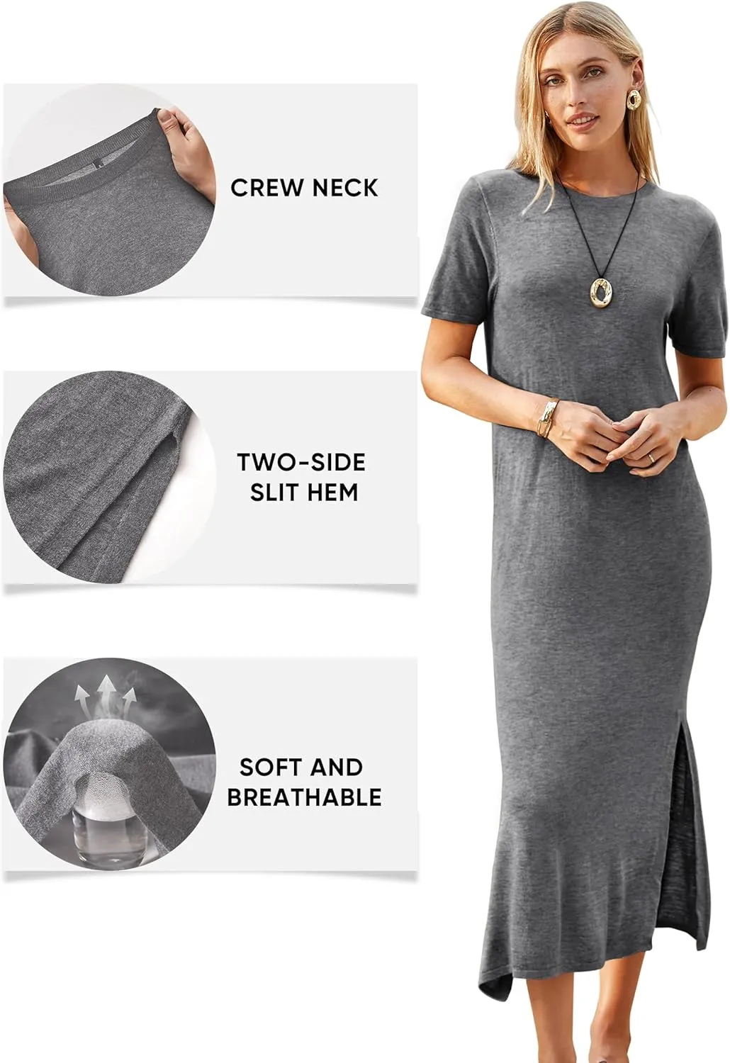 Arach&Cloz Women's Wool Blend Lightweight Summer Casual T Shirts Maxi Dress 2025