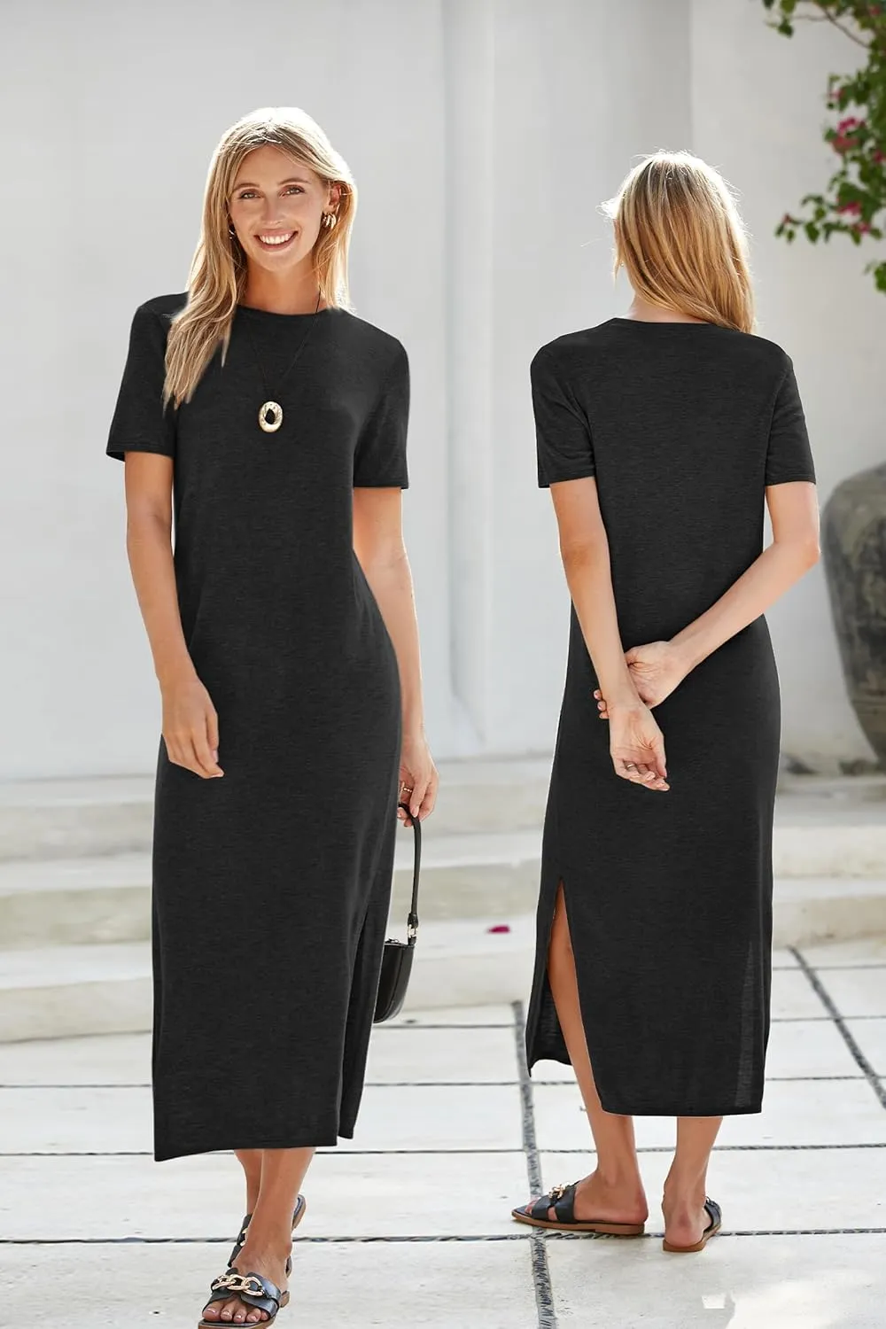 Arach&Cloz Women's Wool Blend Lightweight Summer Casual T Shirts Maxi Dress 2025