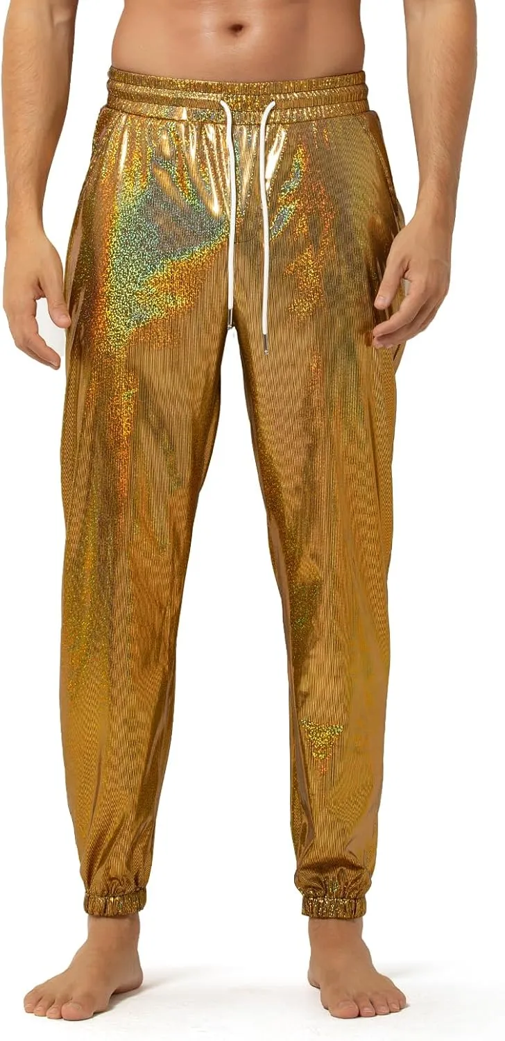 Arjen Kroos Men's Metallic Shiny Jogger Pants Breathable Party Night Club Disco Trousers