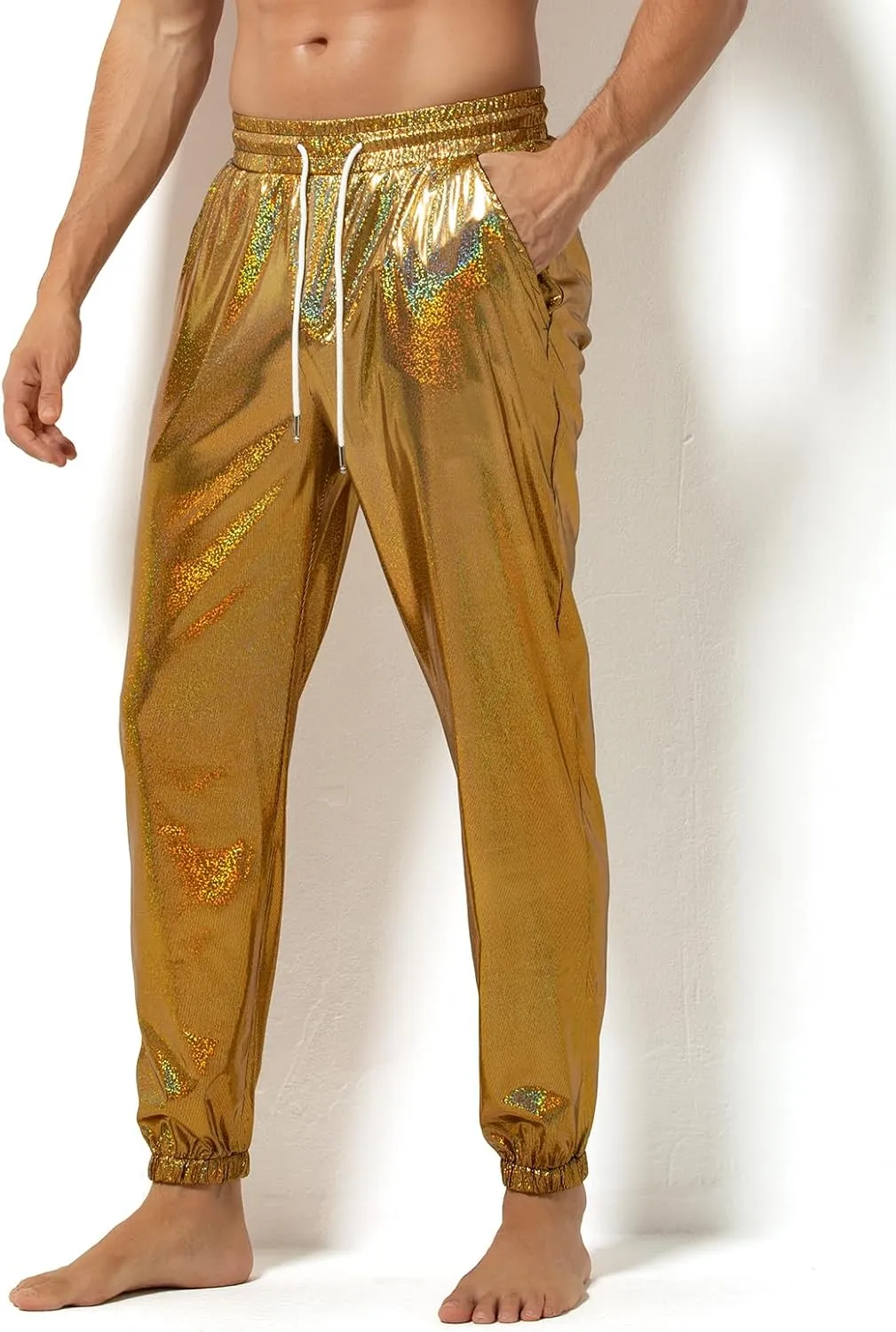 Arjen Kroos Men's Metallic Shiny Jogger Pants Breathable Party Night Club Disco Trousers