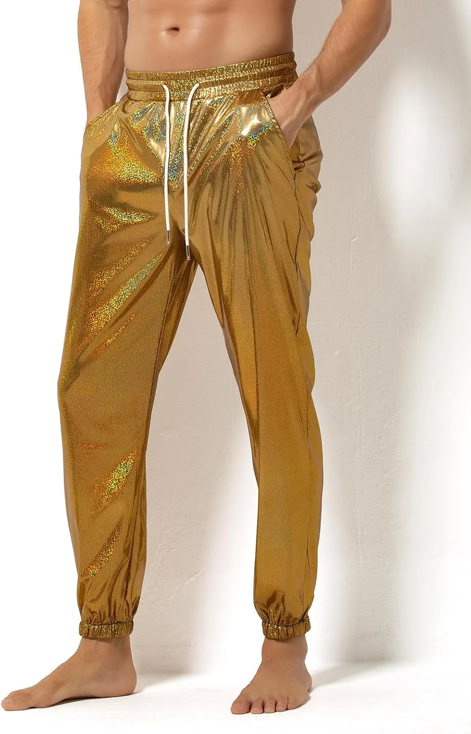 Arjen Kroos Men's Metallic Shiny Jogger Pants Breathable Party Night Club Disco Trousers