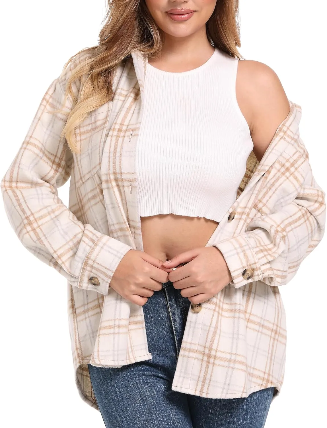 Blansdi Womens Flannel Shacket Plaid Long Sleeve Button Down Flannel Shirts Jacket Fall Winter Spring Outfits