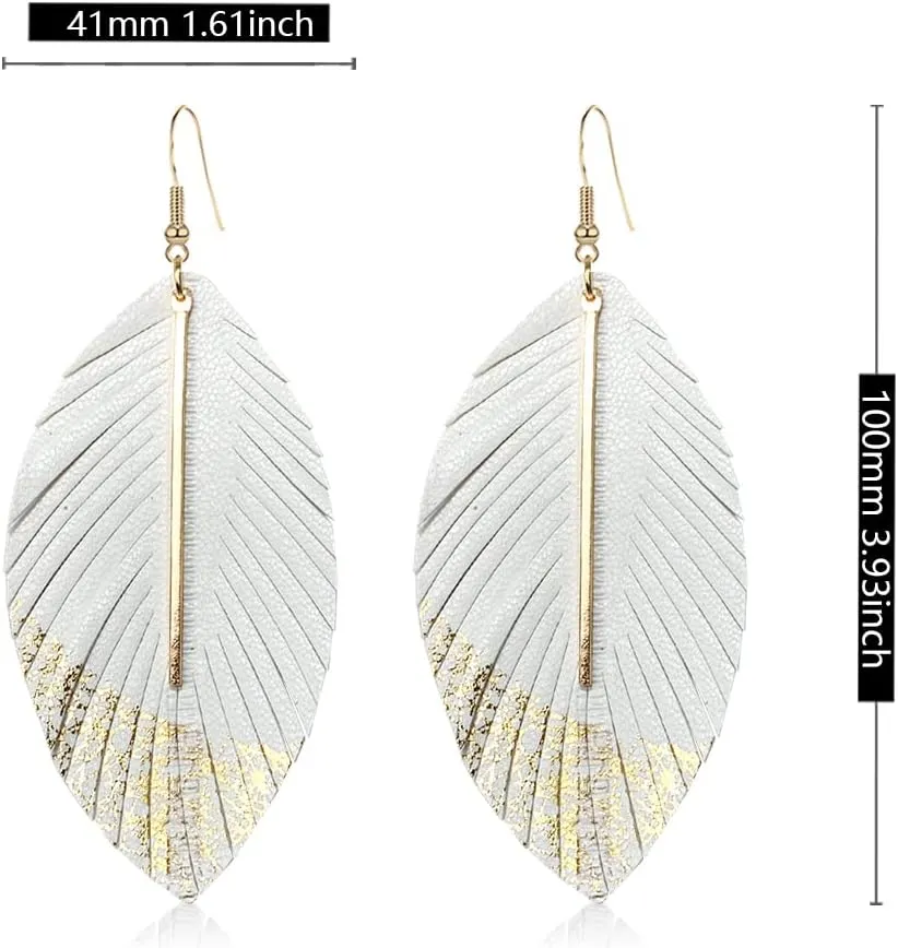 Bohemian Handmade Lightweight Color Large Genuine Soft Leather Fringe Feather Leaf Tear Dangle Drop Earrings for Women Statement