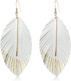 Bohemian Handmade Lightweight Color Large Genuine Soft Leather Fringe Feather Leaf Tear Dangle Drop Earrings for Women Statement