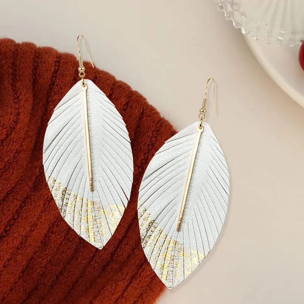 Bohemian Handmade Lightweight Color Large Genuine Soft Leather Fringe Feather Leaf Tear Dangle Drop Earrings for Women Statement