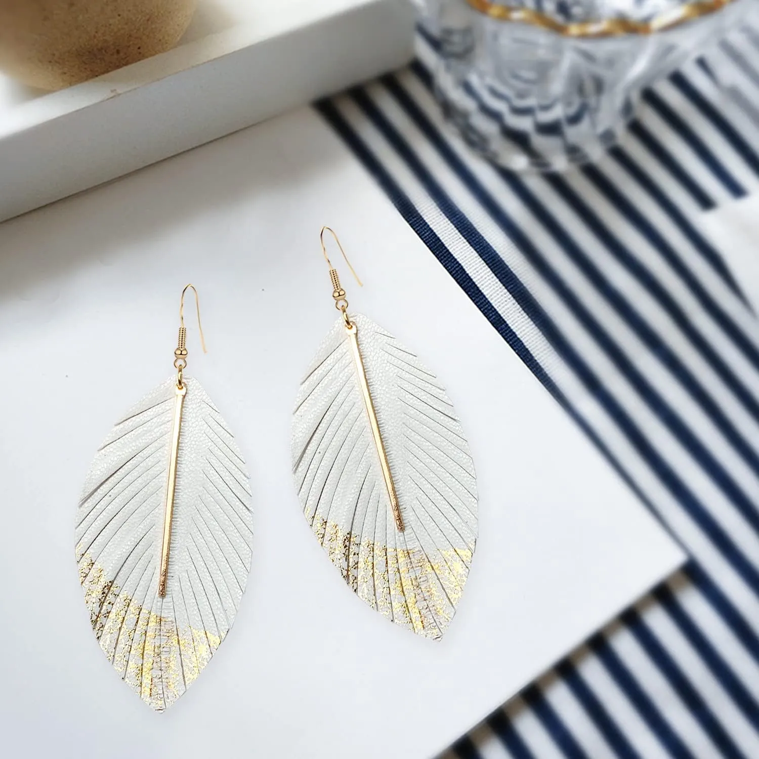 Bohemian Handmade Lightweight Color Large Genuine Soft Leather Fringe Feather Leaf Tear Dangle Drop Earrings for Women Statement