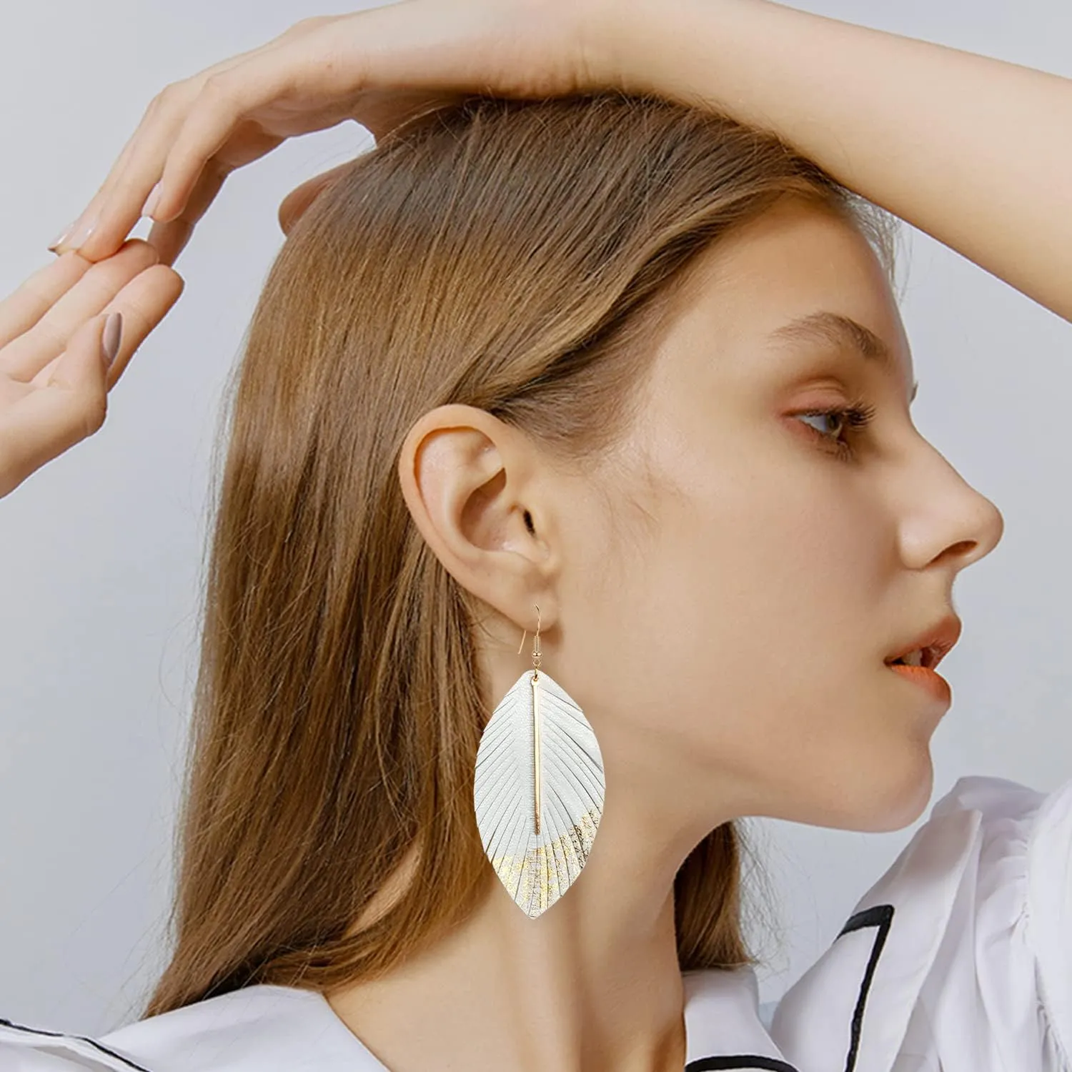 Bohemian Handmade Lightweight Color Large Genuine Soft Leather Fringe Feather Leaf Tear Dangle Drop Earrings for Women Statement
