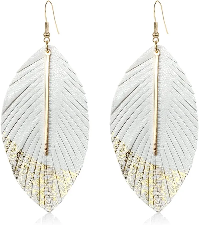 Bohemian Handmade Lightweight Color Large Genuine Soft Leather Fringe Feather Leaf Tear Dangle Drop Earrings for Women Statement