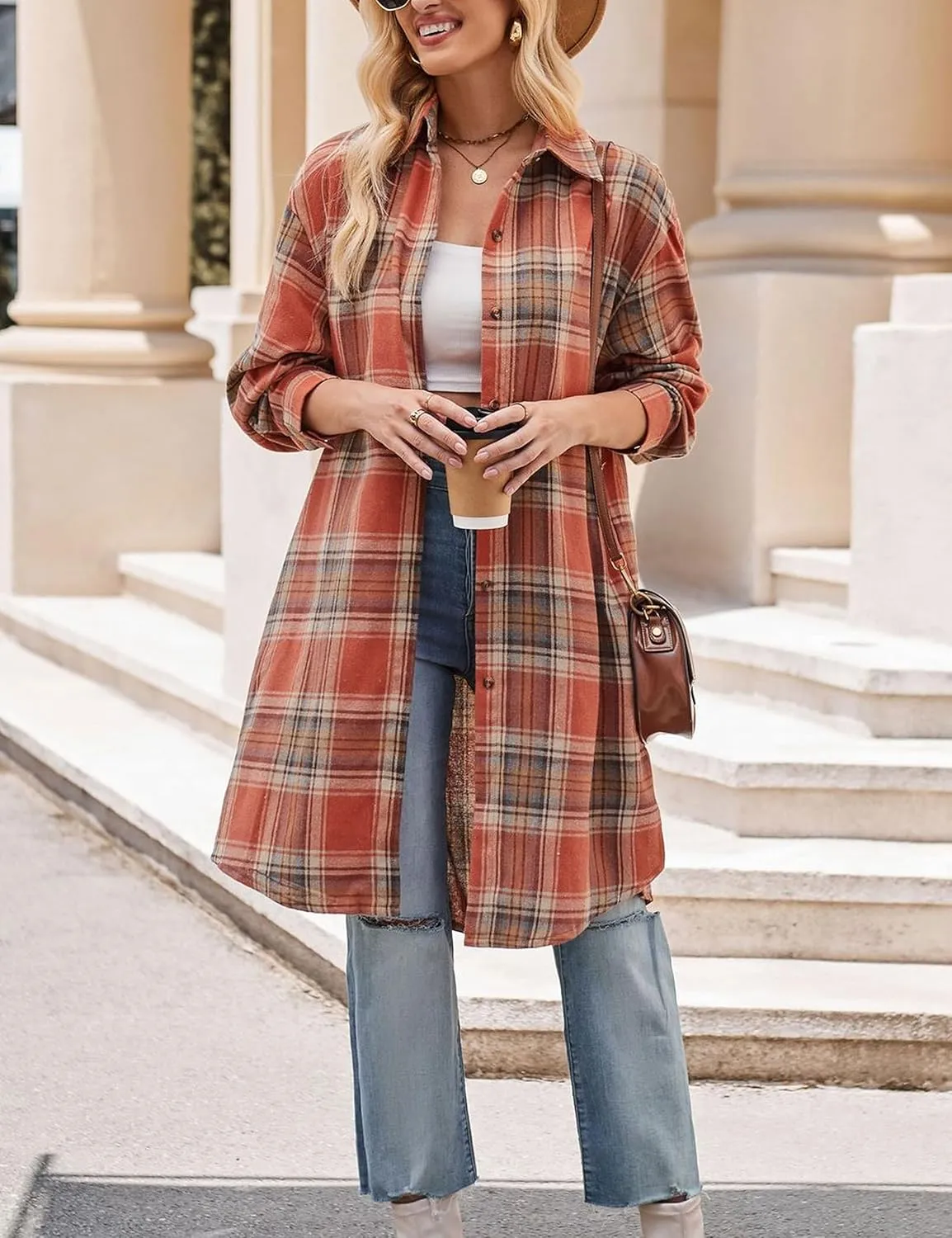 Bozanly Oversized Mid Long Plaid Flannel Shirts for Women Lapel Long Sleeve Check Blouse with Pockets