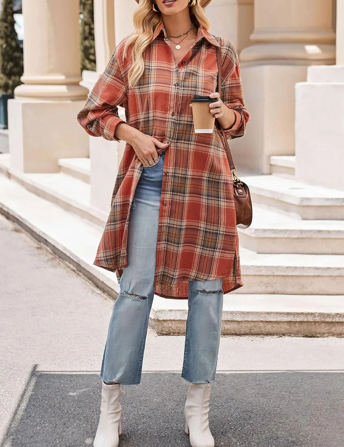 Bozanly Oversized Mid Long Plaid Flannel Shirts for Women Lapel Long Sleeve Check Blouse with Pockets