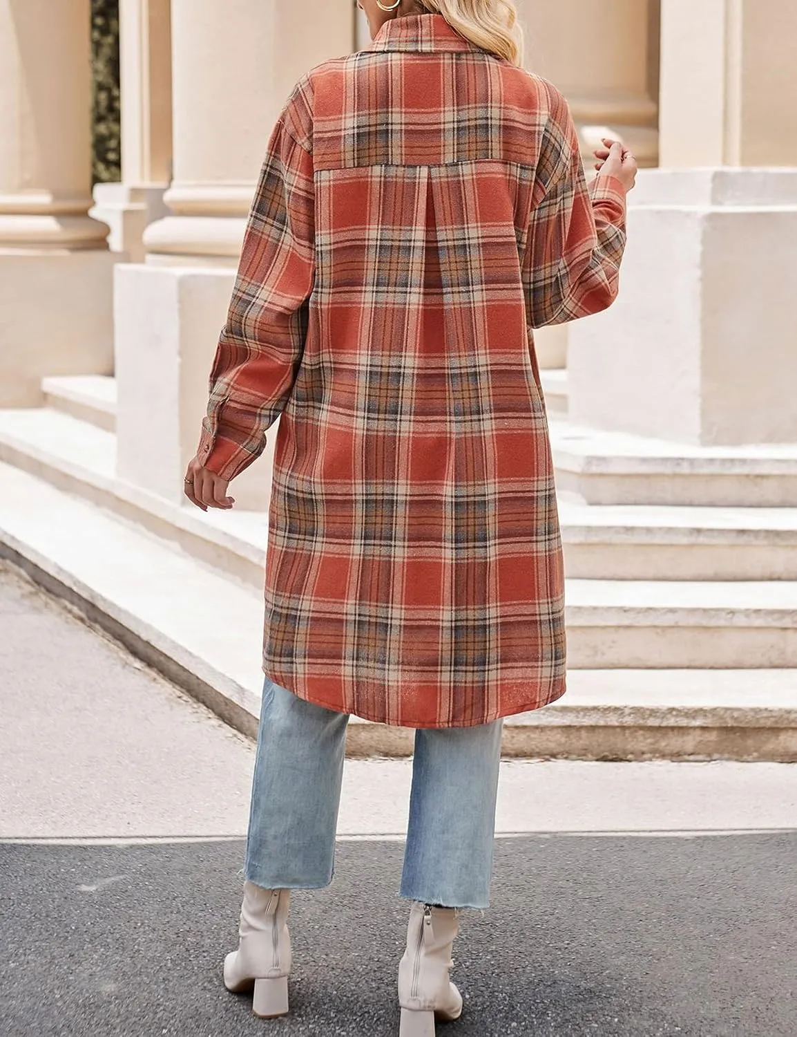 Bozanly Oversized Mid Long Plaid Flannel Shirts for Women Lapel Long Sleeve Check Blouse with Pockets