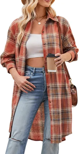 Bozanly Oversized Mid Long Plaid Flannel Shirts for Women Lapel Long Sleeve Check Blouse with Pockets