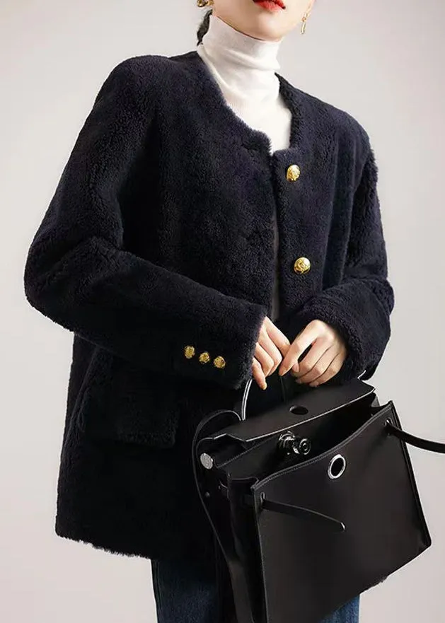 Elegant Navy O Neck Pockets Button Patchwork Wool Coat Winter LY9643
