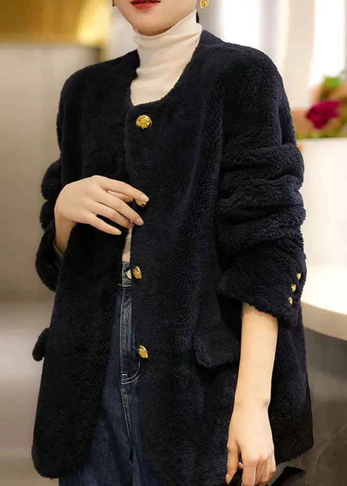 Elegant Navy O Neck Pockets Button Patchwork Wool Coat Winter LY9643