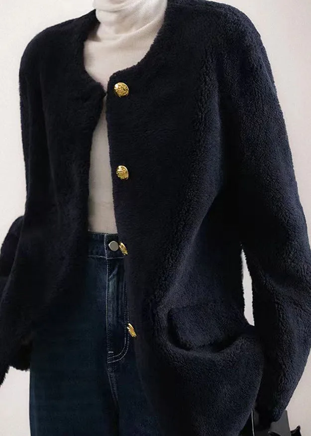 Elegant Navy O Neck Pockets Button Patchwork Wool Coat Winter LY9643