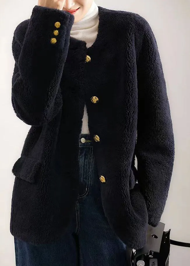 Elegant Navy O Neck Pockets Button Patchwork Wool Coat Winter LY9643