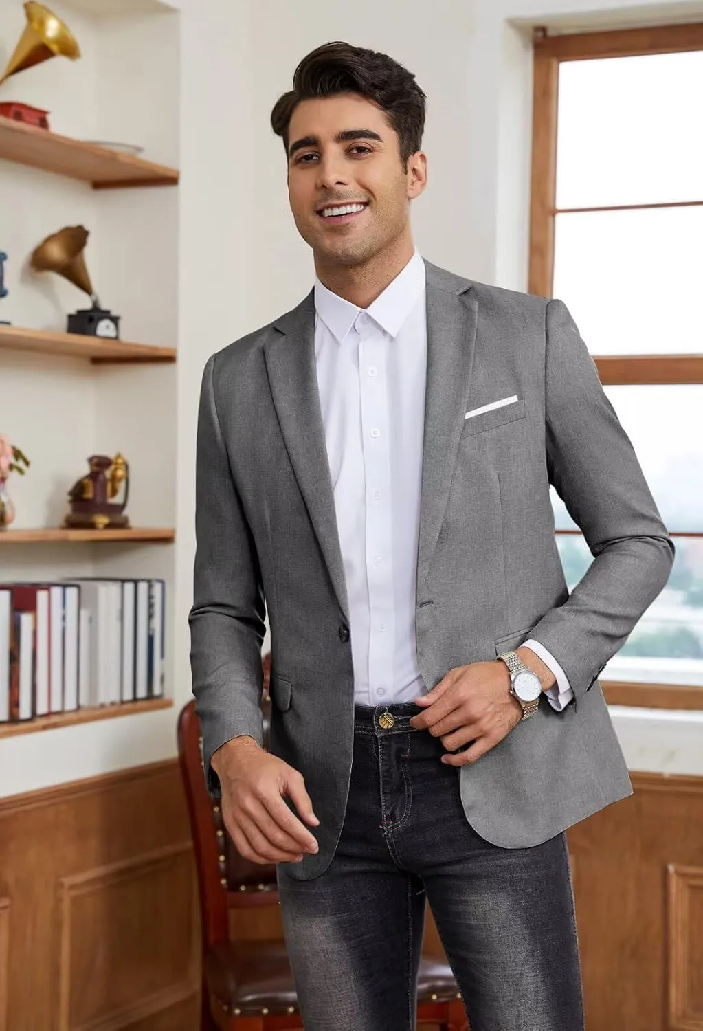 EMERAIDVLN Mens Western Blazer Slim Fit Western Suit Jacket Lightweight Casual Linen Texture One Button Sport Coat