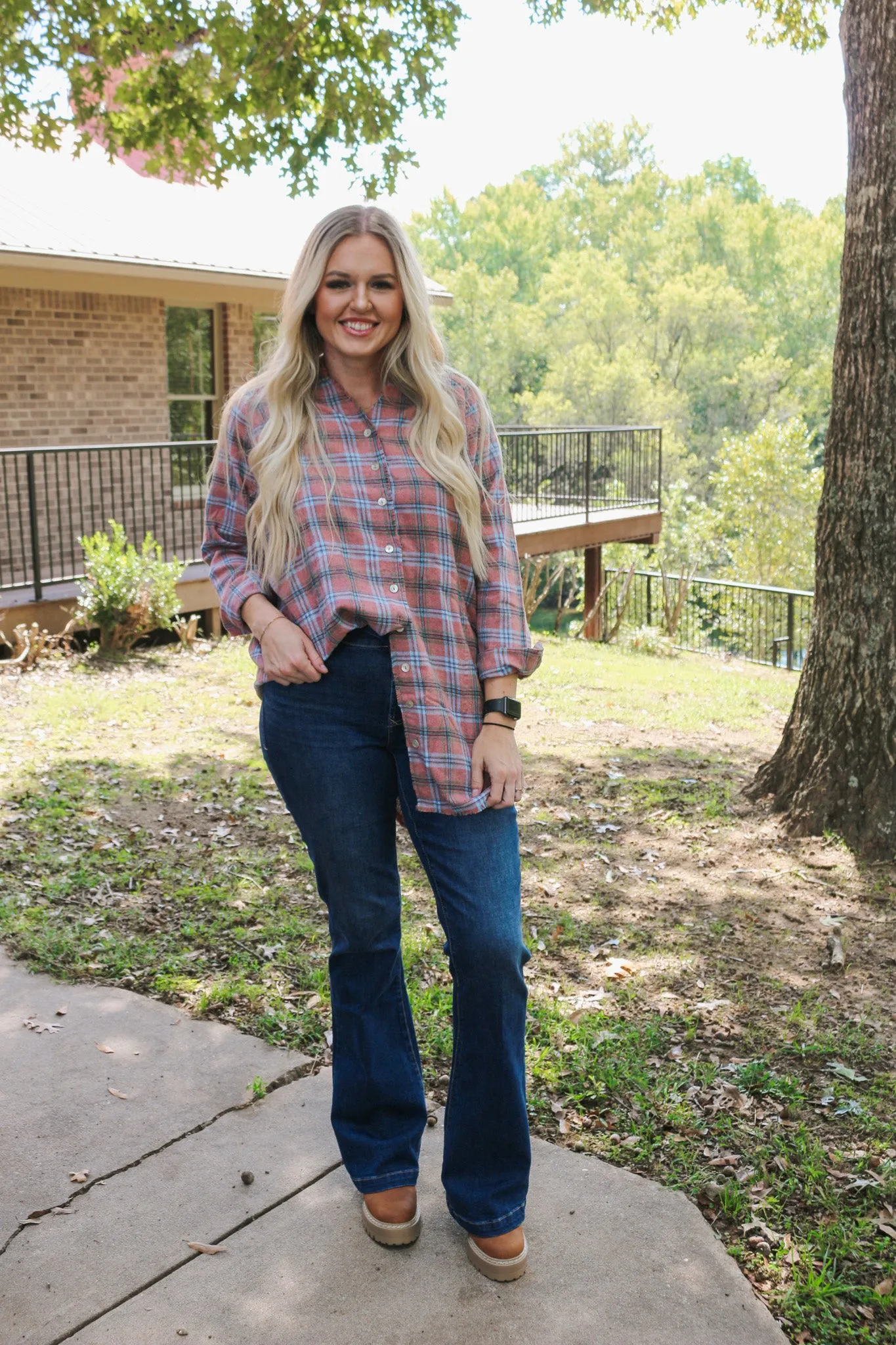 Girls Retreat Mauve Plaid Flannel Top