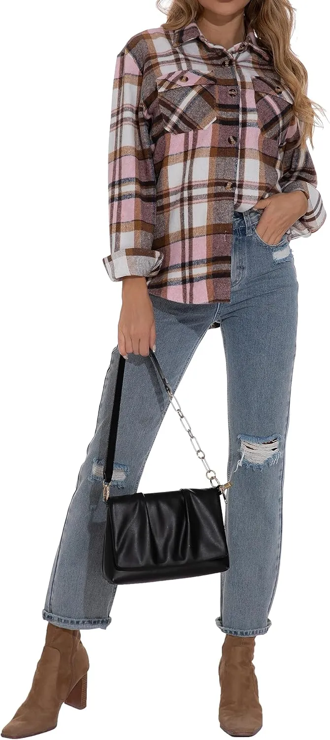 GUANYY Womens Flannel Shirt- Button Down Long Sleeve Shirts Lightweight Plaid Shacket Jacket 2024 Fall Outfits