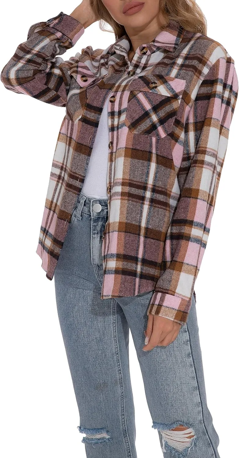GUANYY Womens Flannel Shirt- Button Down Long Sleeve Shirts Lightweight Plaid Shacket Jacket 2024 Fall Outfits