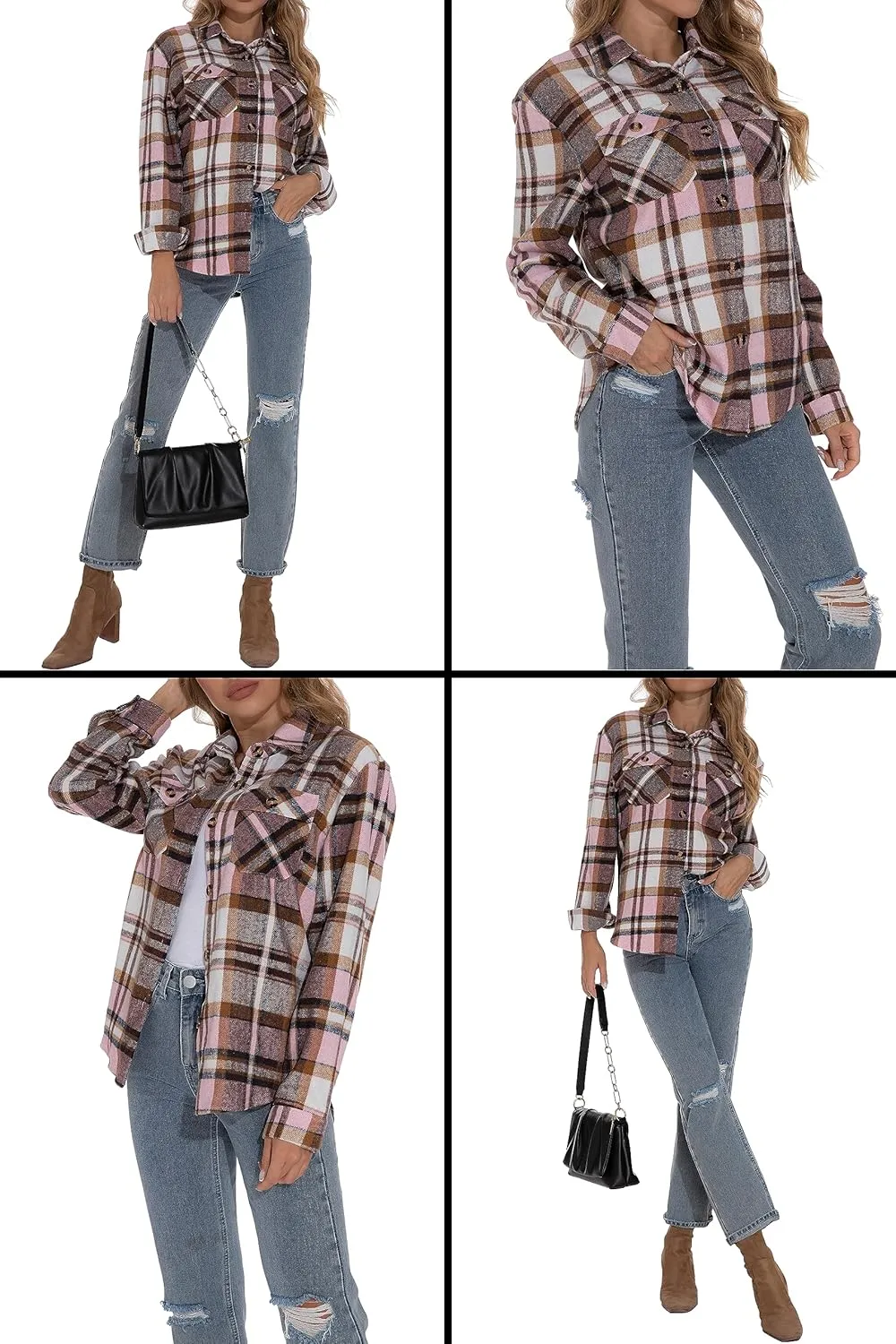 GUANYY Womens Flannel Shirt- Button Down Long Sleeve Shirts Lightweight Plaid Shacket Jacket 2024 Fall Outfits