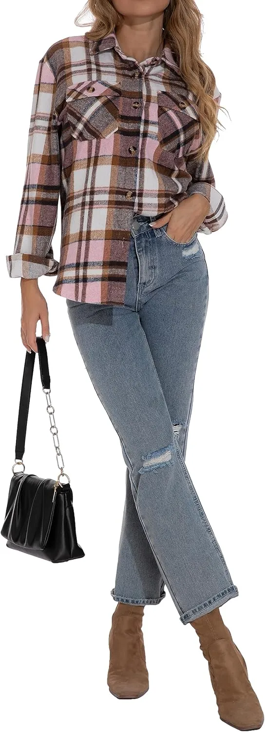 GUANYY Womens Flannel Shirt- Button Down Long Sleeve Shirts Lightweight Plaid Shacket Jacket 2024 Fall Outfits
