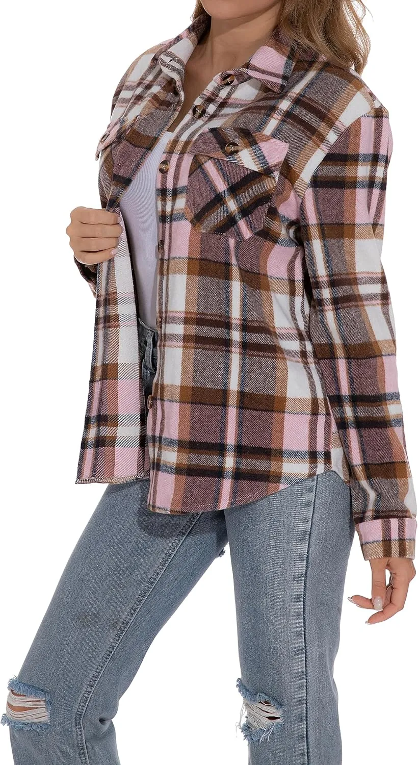 GUANYY Womens Flannel Shirt- Button Down Long Sleeve Shirts Lightweight Plaid Shacket Jacket 2024 Fall Outfits