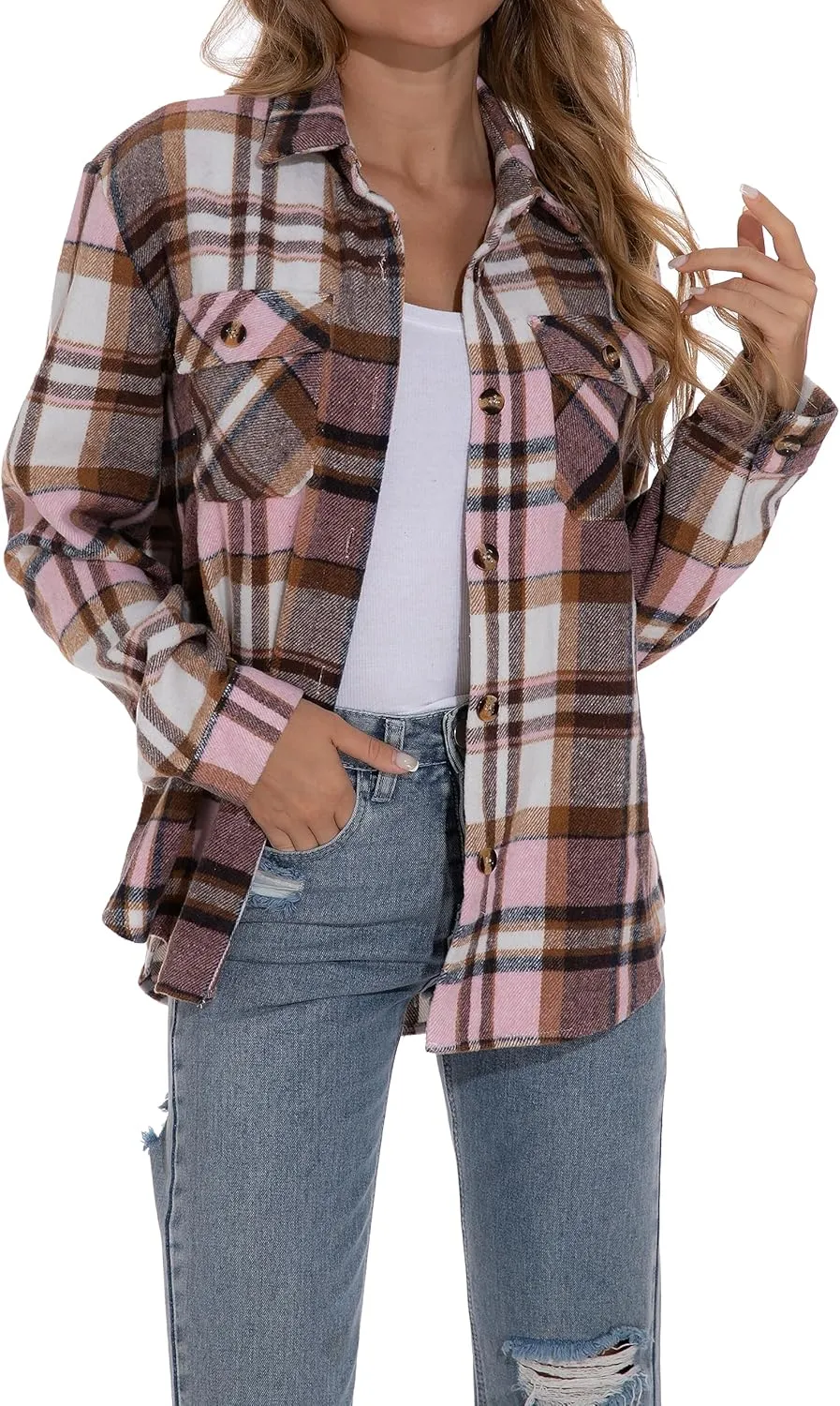 GUANYY Womens Flannel Shirt- Button Down Long Sleeve Shirts Lightweight Plaid Shacket Jacket 2024 Fall Outfits