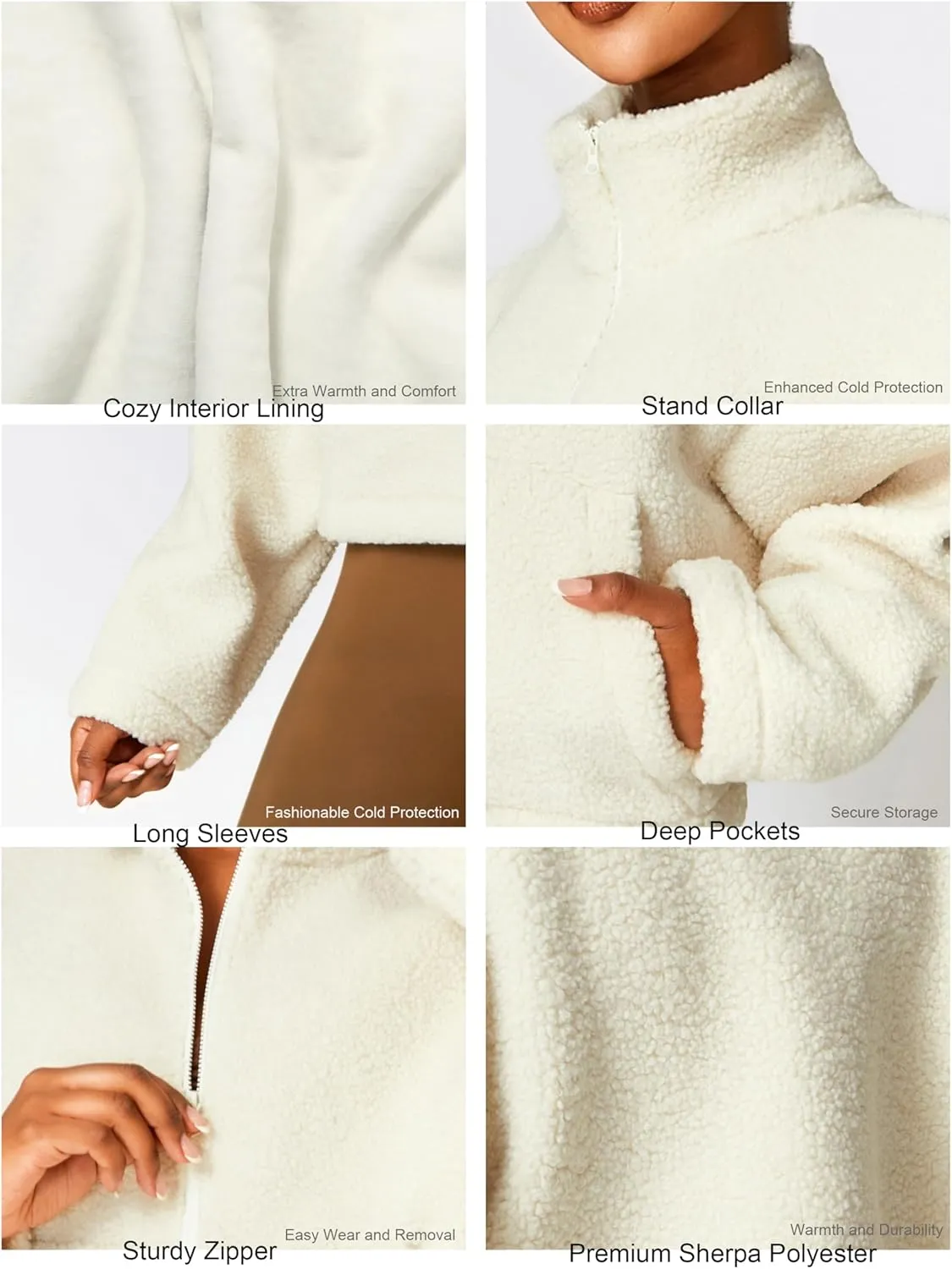 HerGymClothing Womens Sherpa Cropped Jacket Stand Collar Full Zip Long Sleeve Short Fleece Coat With Pockets