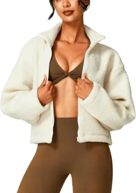 HerGymClothing Womens Sherpa Cropped Jacket Stand Collar Full Zip Long Sleeve Short Fleece Coat With Pockets