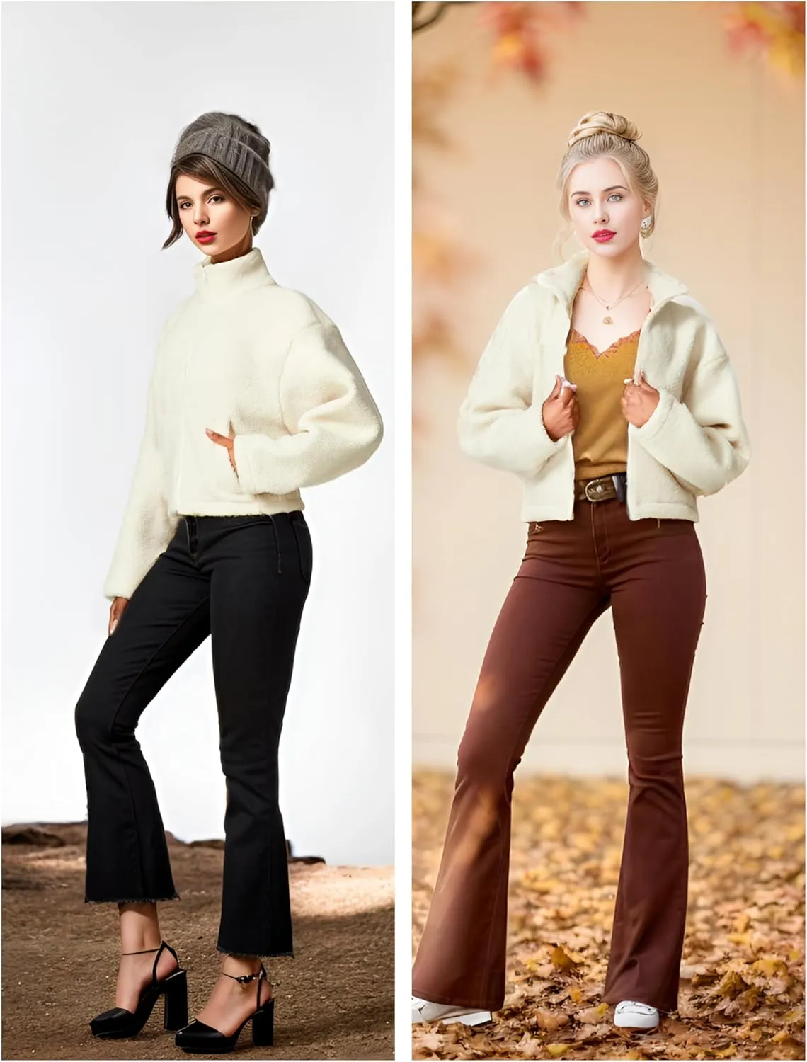 HerGymClothing Womens Sherpa Cropped Jacket Stand Collar Full Zip Long Sleeve Short Fleece Coat With Pockets