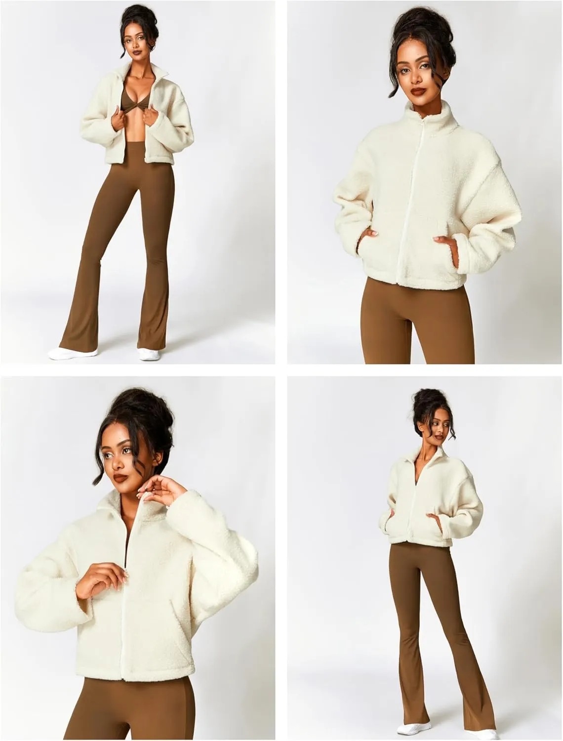 HerGymClothing Womens Sherpa Cropped Jacket Stand Collar Full Zip Long Sleeve Short Fleece Coat With Pockets