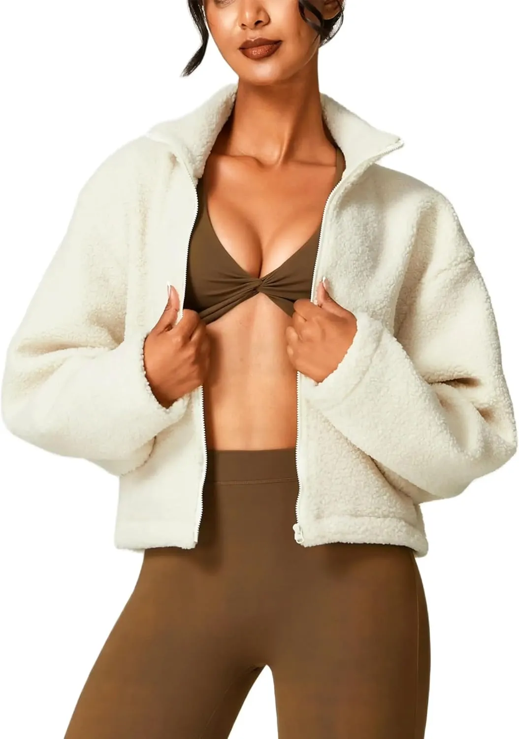 HerGymClothing Womens Sherpa Cropped Jacket Stand Collar Full Zip Long Sleeve Short Fleece Coat With Pockets