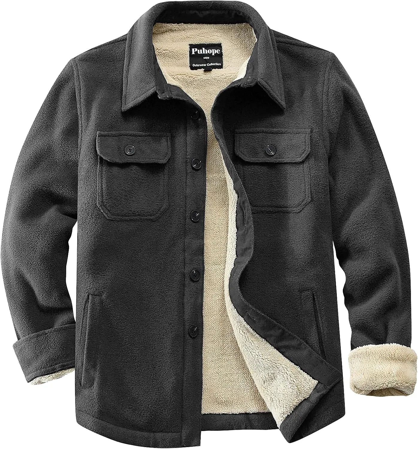 Men's Polar Fleece Warm Sherpa Lined Shirt Jacket for Men Thick Button Down Jacket with Multi Pockets