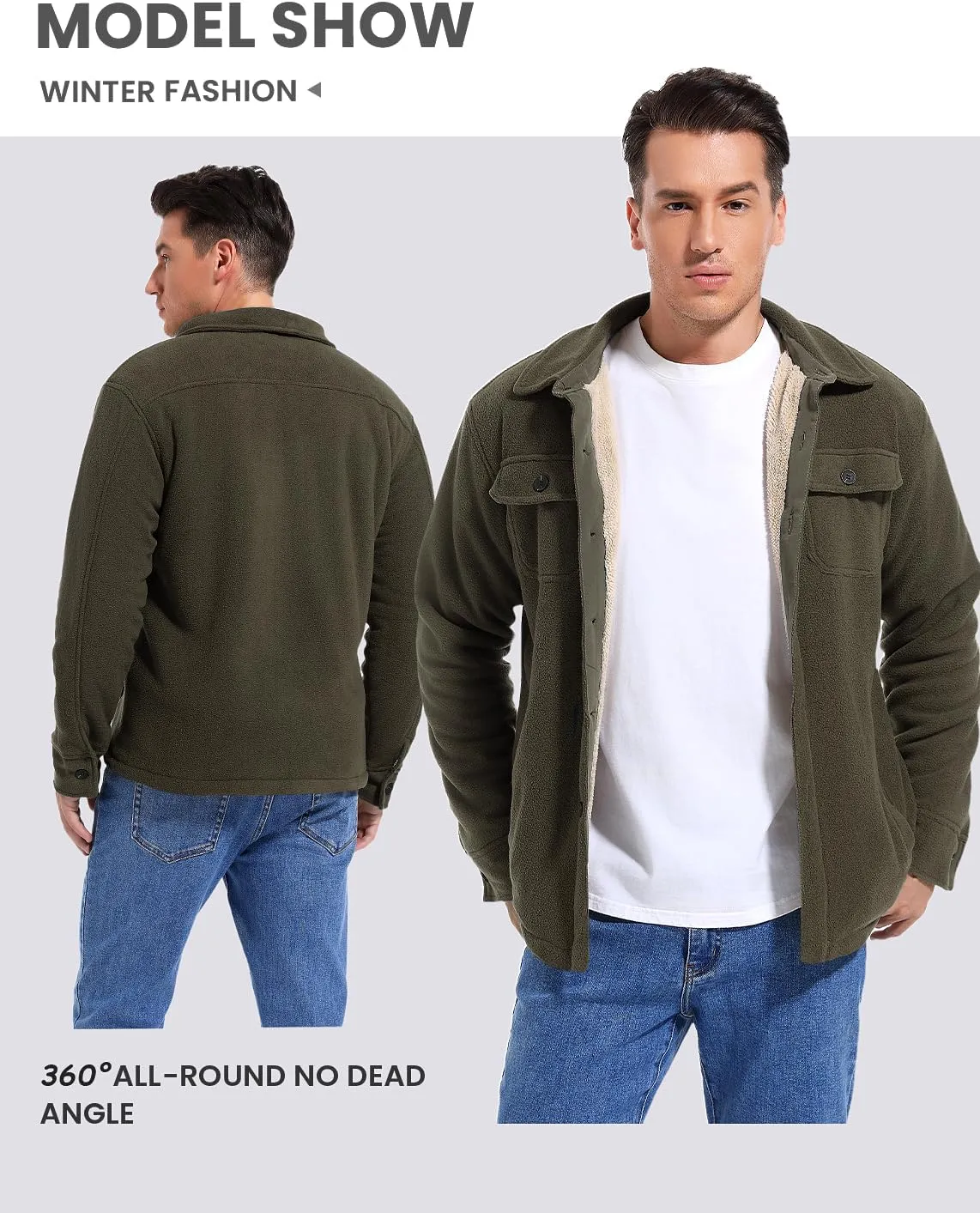Men's Polar Fleece Warm Sherpa Lined Shirt Jacket for Men Thick Button Down Jacket with Multi Pockets