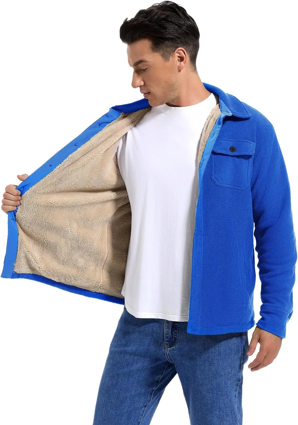 Men's Polar Fleece Warm Sherpa Lined Shirt Jacket for Men Thick Button Down Jacket with Multi Pockets