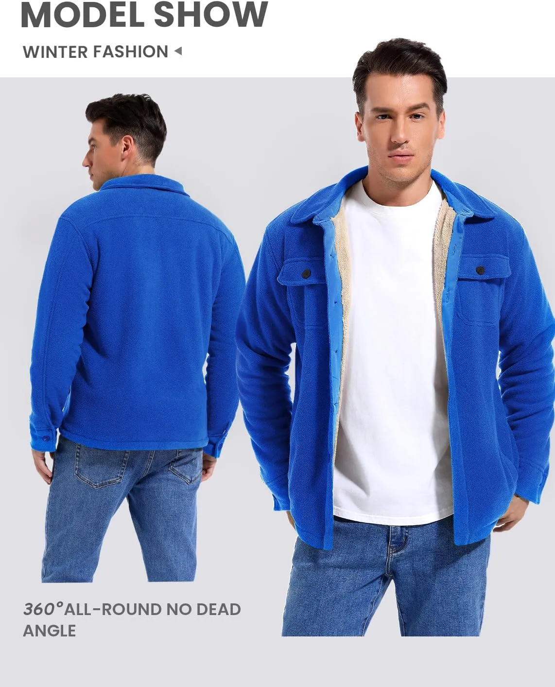 Men's Polar Fleece Warm Sherpa Lined Shirt Jacket for Men Thick Button Down Jacket with Multi Pockets