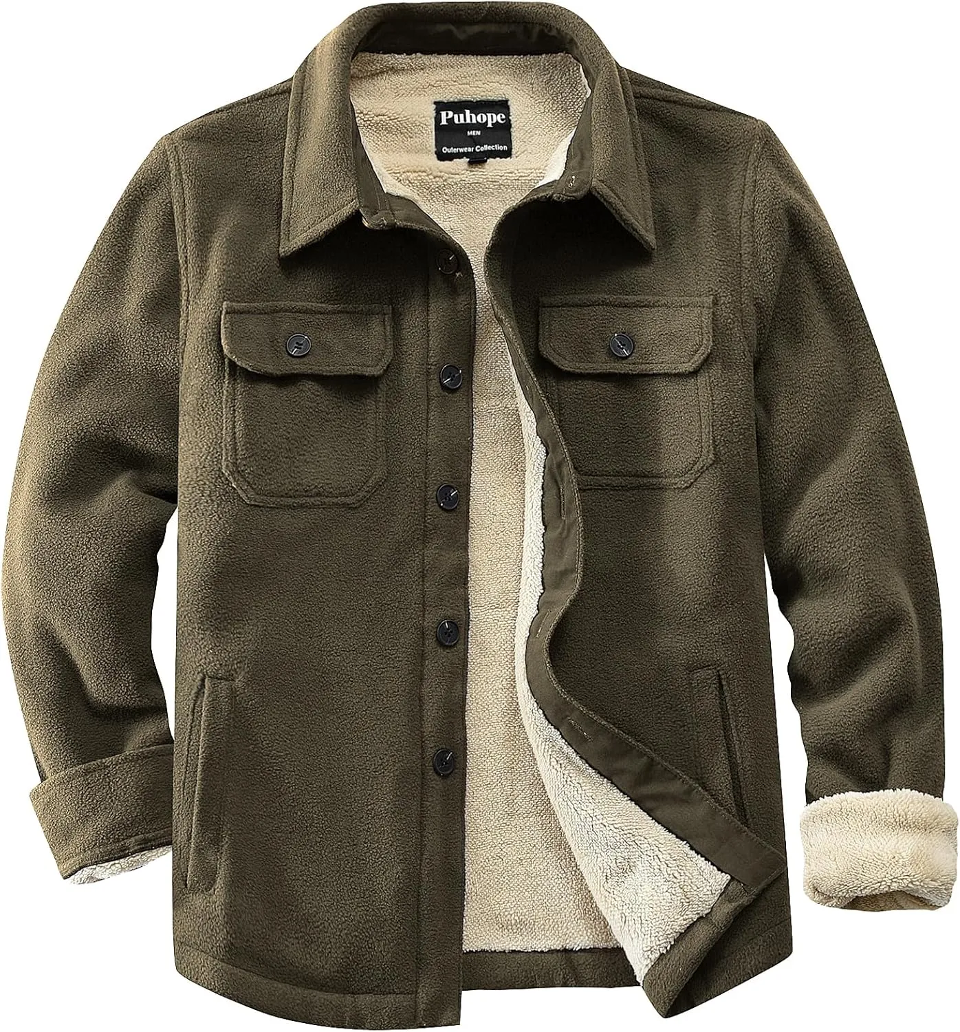 Men's Polar Fleece Warm Sherpa Lined Shirt Jacket for Men Thick Button Down Jacket with Multi Pockets