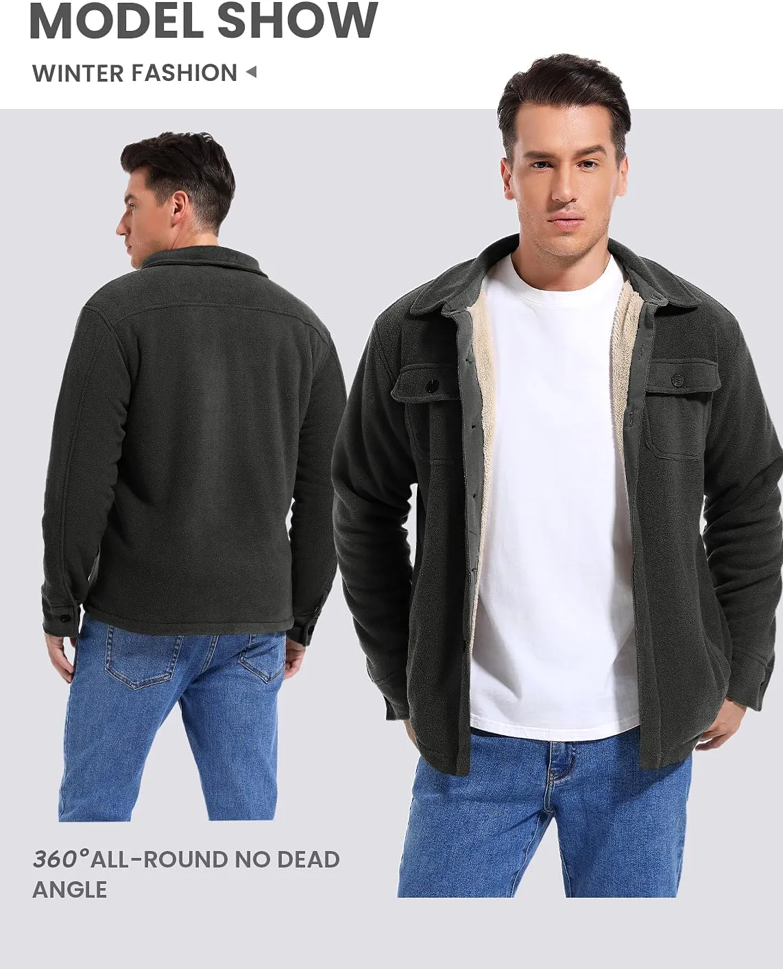 Men's Polar Fleece Warm Sherpa Lined Shirt Jacket for Men Thick Button Down Jacket with Multi Pockets