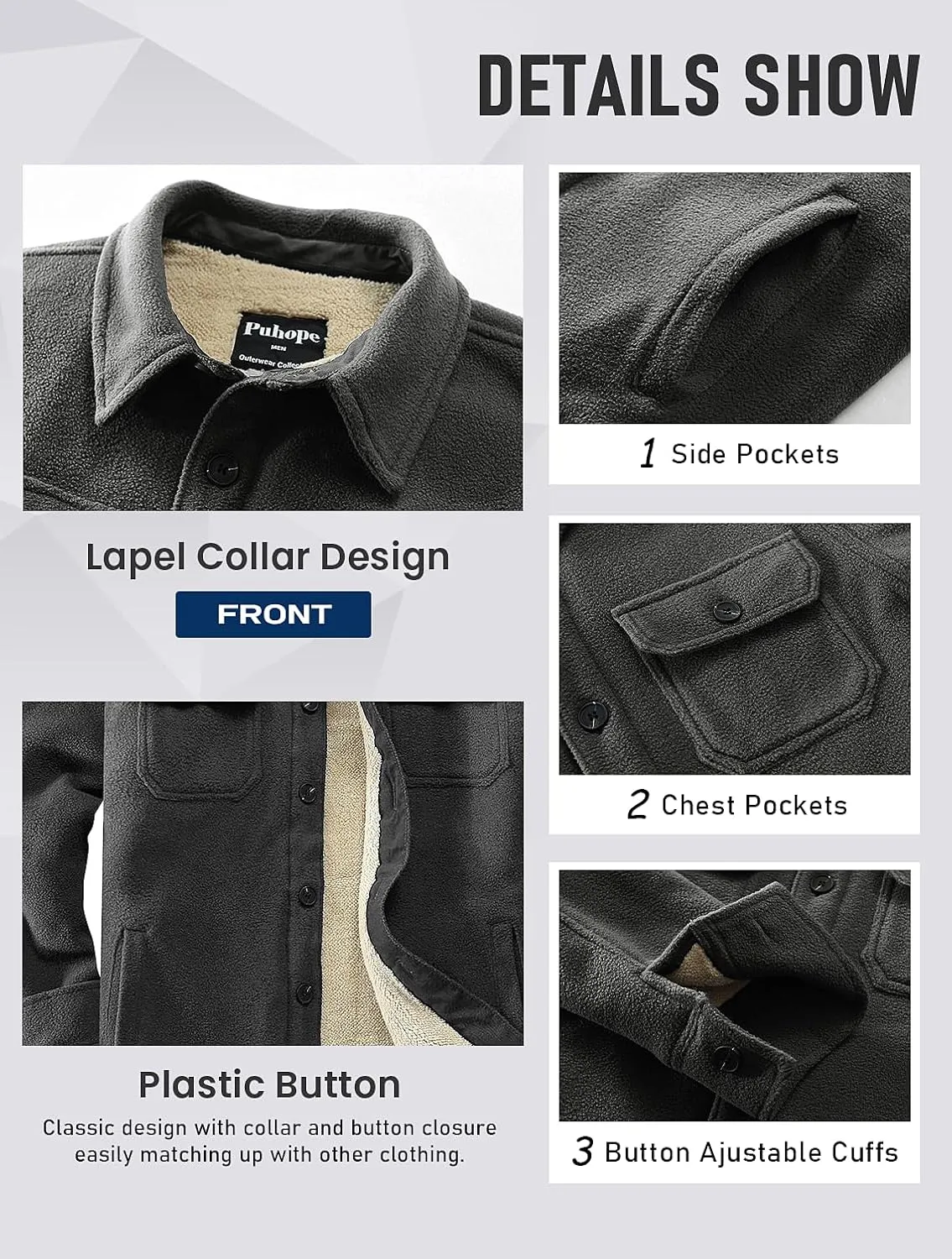 Men's Polar Fleece Warm Sherpa Lined Shirt Jacket for Men Thick Button Down Jacket with Multi Pockets