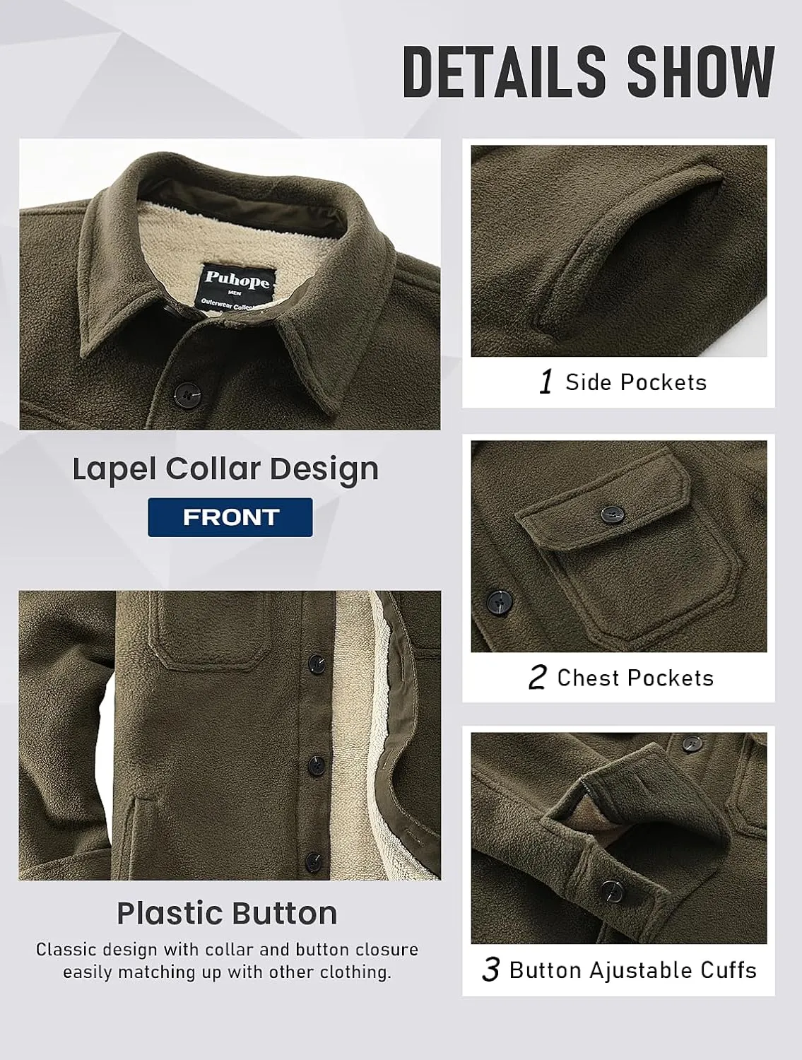 Men's Polar Fleece Warm Sherpa Lined Shirt Jacket for Men Thick Button Down Jacket with Multi Pockets