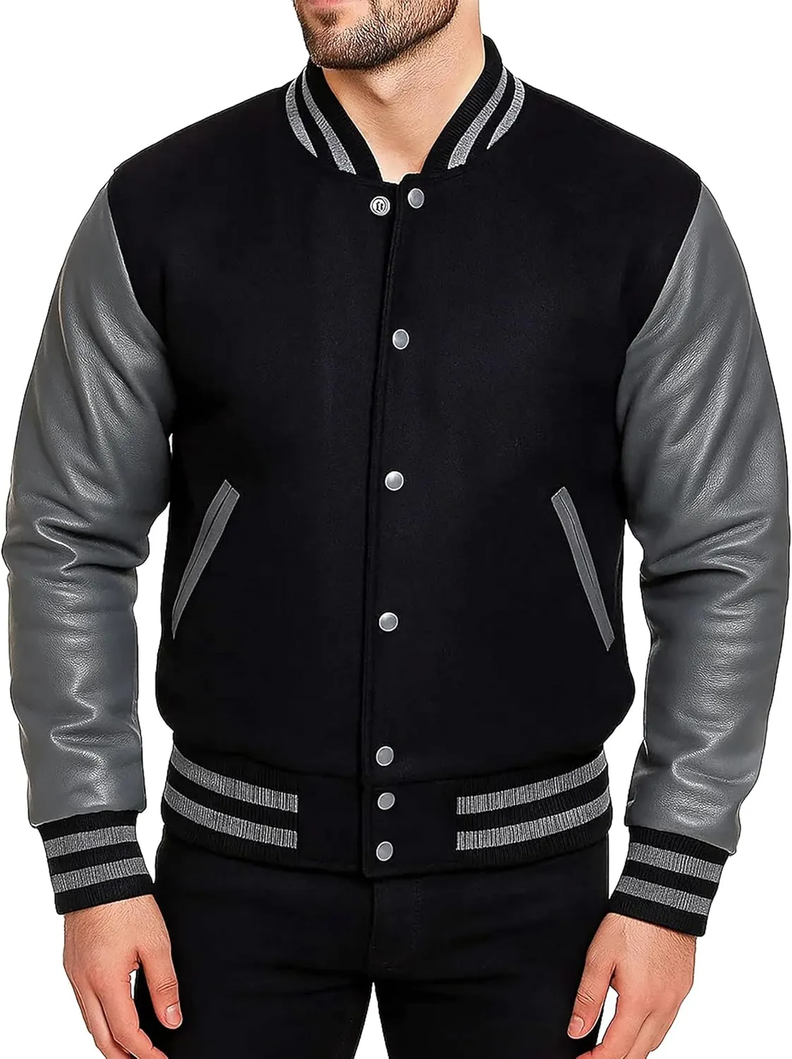 Men's Varsity Jacket Faux Leather Sleeve Wool Blend Letterman Jacket - High School Baseball Bomber Jackets for Men