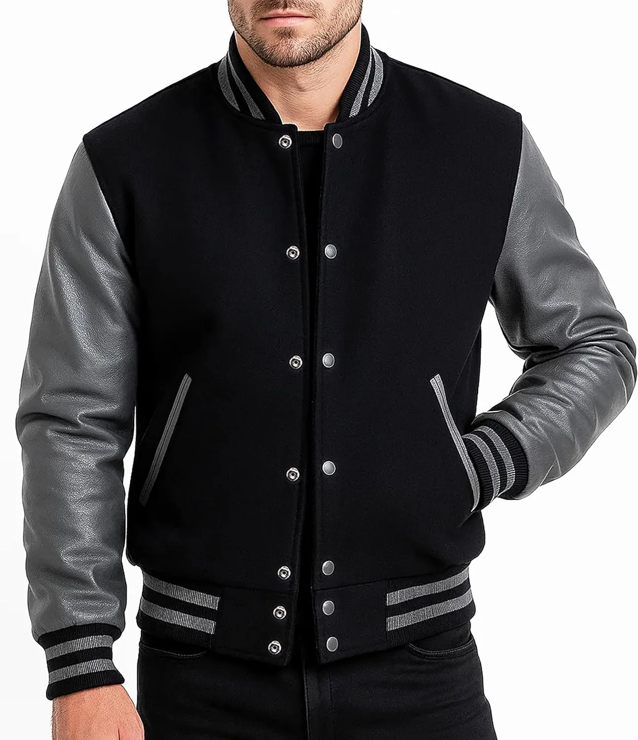 Men's Varsity Jacket Faux Leather Sleeve Wool Blend Letterman Jacket - High School Baseball Bomber Jackets for Men