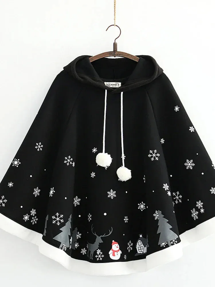 Metaversmall Women's Poncho Fleece Hooded Cape Coat Cartoon Print Batwing Sleeve   Bat Sleeved Female Winter Outwear Jacket