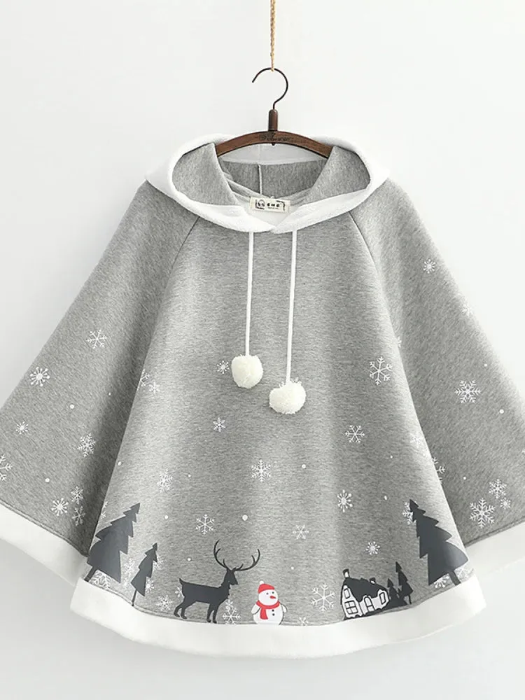 Metaversmall Women's Poncho Fleece Hooded Cape Coat Cartoon Print Batwing Sleeve   Bat Sleeved Female Winter Outwear Jacket