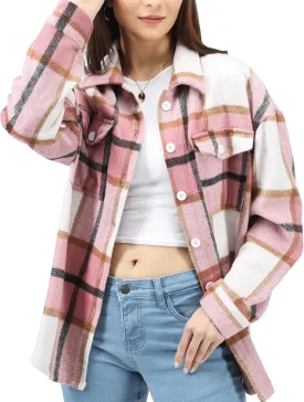 NY Threads Women's Flannel Plaid Shacket Button Down Long Sleeve Loose Fit Shirt Casual Jacket Coat