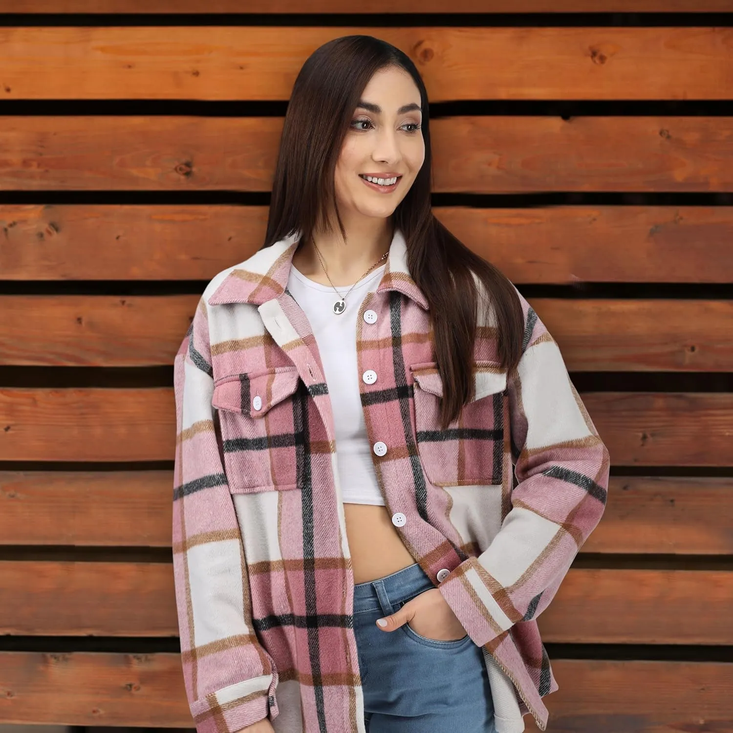 NY Threads Women's Flannel Plaid Shacket Button Down Long Sleeve Loose Fit Shirt Casual Jacket Coat