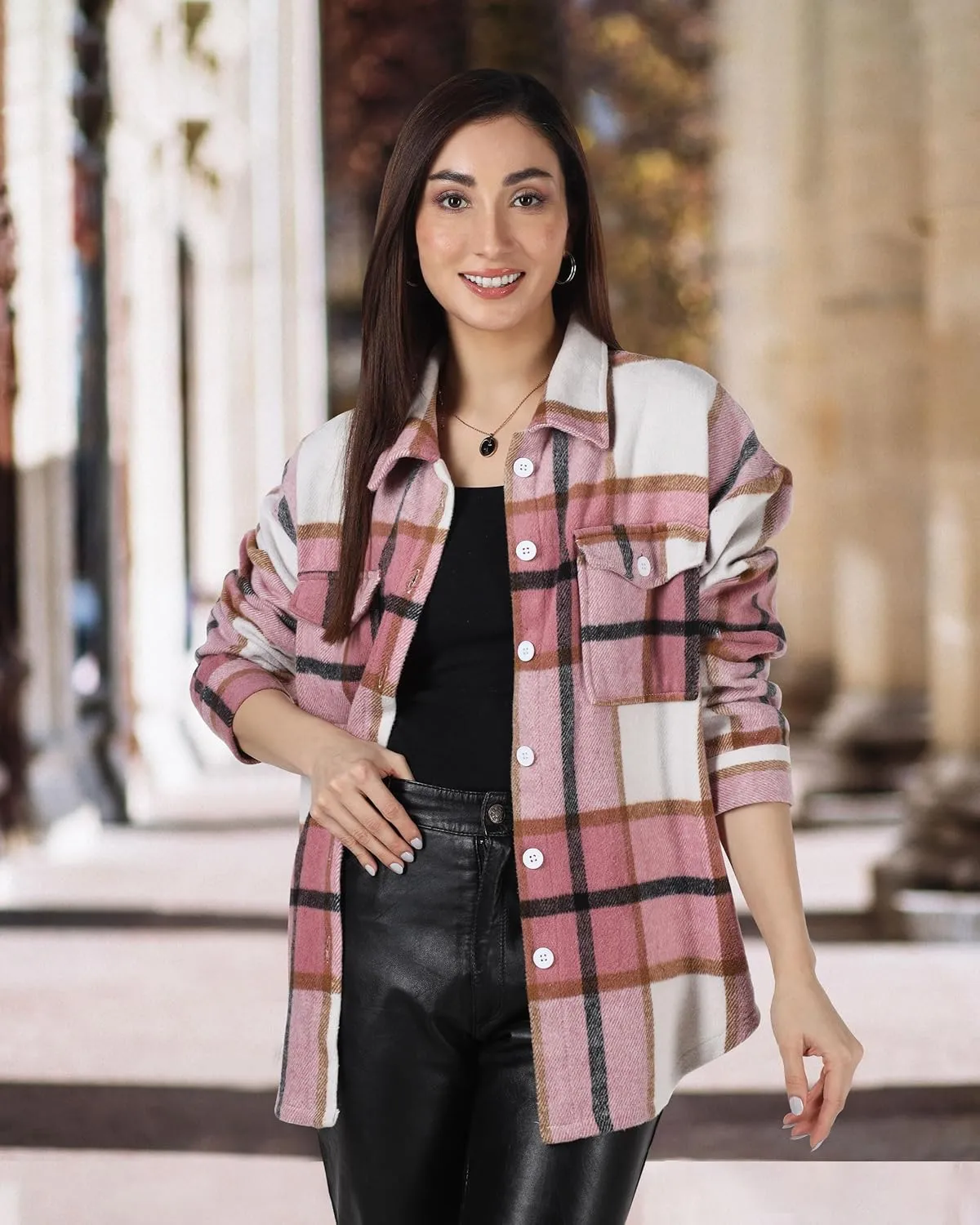 NY Threads Women's Flannel Plaid Shacket Button Down Long Sleeve Loose Fit Shirt Casual Jacket Coat
